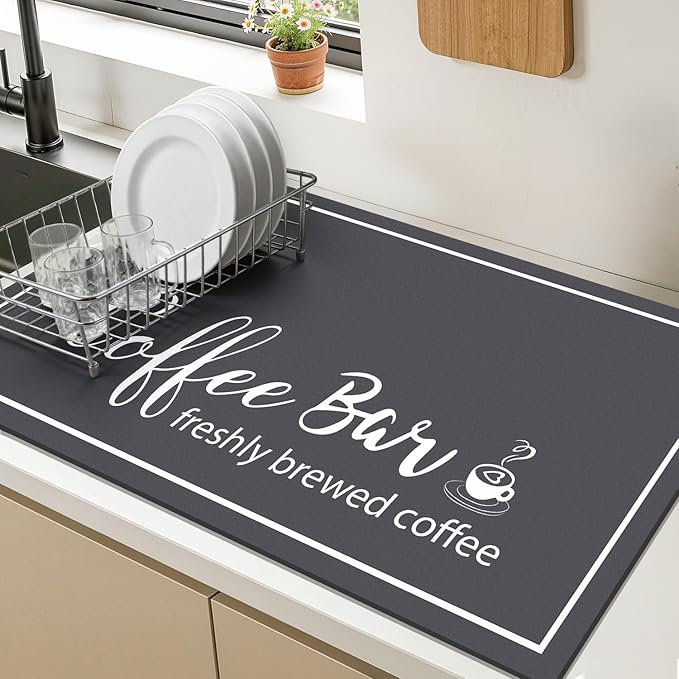 Findosom Dish Drying Mat, 17"x 32" Super Absorbent & Hide Stain Coffee Mat, Cuttable Drying Mat for Kitchen Counter, Coffee Bar Accessories, Under Dish Rack, Coffee Maker, Espresso Machine, DarkGrey