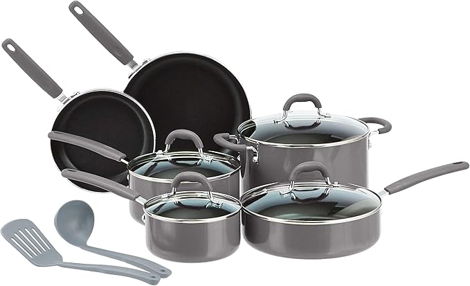 Amazon Basics Aluminum Cookware Set with Stay-Cool Handles, Dishwasher and Oven Safe, 12-Piece Pots, Pans and Utensils with Lids, Gray