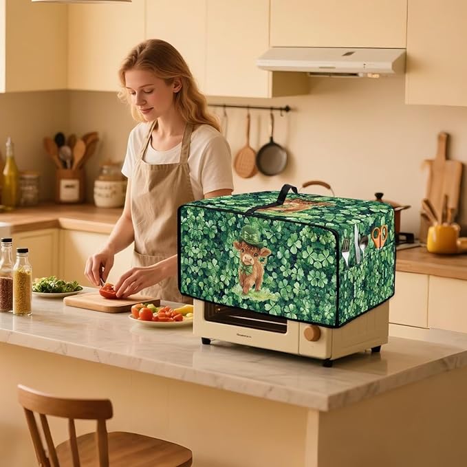 Highland Cow Four Leaf Clover Print Toaster Oven Cover Microwave Cover for Kitchen Countertop Appliance Dust Protector Decorative Oven Accessories for St. Patrick's Day Decor, Green, L