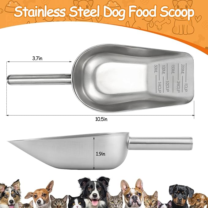 Palksky Dog & Cat Food Scoop, 1 Cup Stainless Steel Pet Food Measuring Cup with Long Handle, Precision Scale, Easy to Clean for Wet or Dry Food, 1 Pack