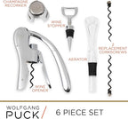 Wolfgang Puck 6-Piece Wine Tool Set with Wine Opener, Aerator, Wine Stopper, and Champagne Recorker, 2 Replacement Corkscrews, Chrome Finish, Arrives in Gift Box