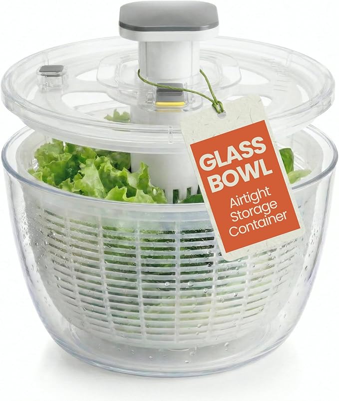 Glass Salad Spinner Large Capacity 6.3QT with Storage Lid | Boroscilicate Glass Bowl and BPA-Free and Food-Safe Colander, Base, Spinner Lid and Storage Lid | Washing, Spinning, and Draining