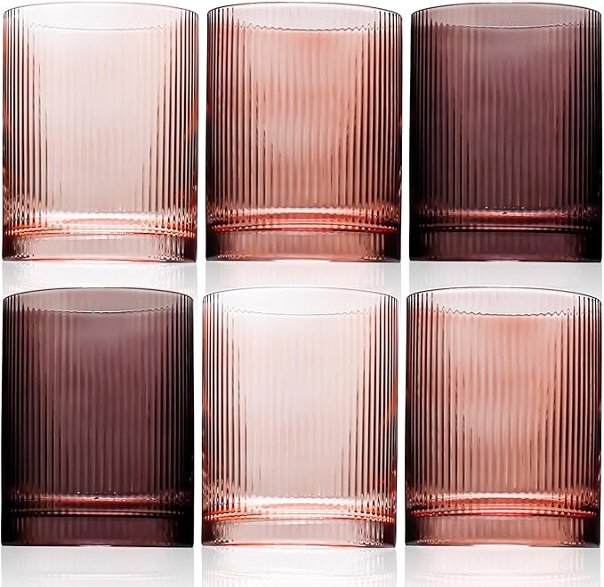 Physkoa 6-Piece Brown Ribbed Glassware Set –Vintage Drinking Glasses in Ochre, Umber & Espresso –8.5oz Tumbler Cups for Water, Juice, Iced Coffee, Whiskey, Cocktail –Aesthetic Colored Glasses