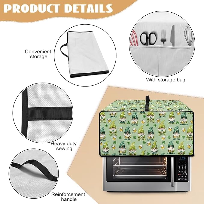 St. Patrick's Day Gnome Print Toaster Oven Cover, Clover Beer Pattern Anti Scratch Microwave Cover for Kitchen Countertop Appliance Dust Protector Decorative Oven Accessories, Green, L