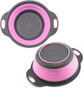Pink Round Silicone Collapsible Colander – Small Silicone Round Kitchen Strainers with Plastic Handles Foldable Kitchen Strainer Perfect for Draining Pasta Vegetable and Fruit