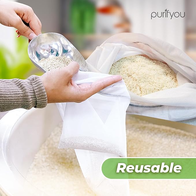 purifyou Set of 10 Reusable Produce Bags - Large (12x14), Farmers Market Bags, Washable Shopping Bags, Gift Bags, Storage for Fruits, Vegetables, Toys, Groceries, Kitchen and Home Organizer