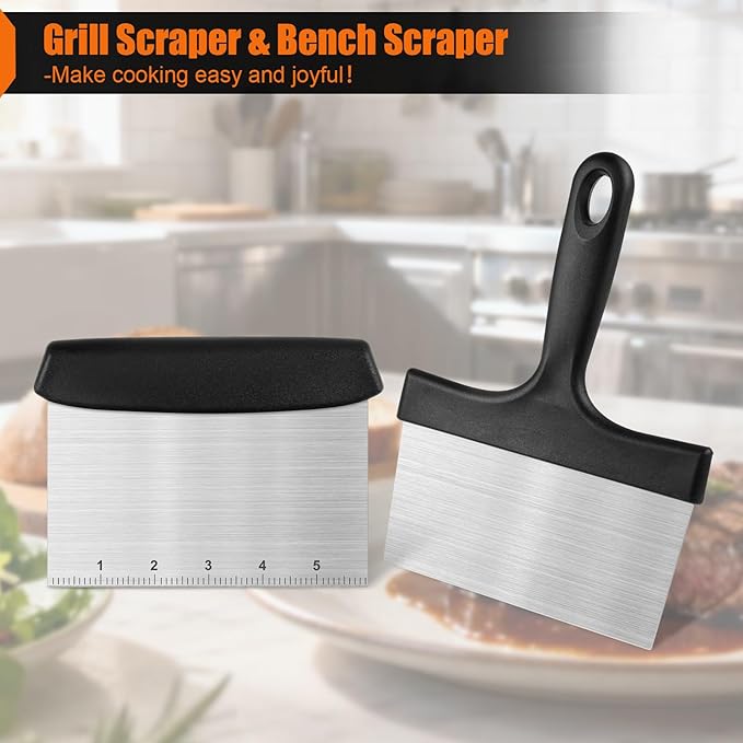 Grill Scraper&Bench Scraper Set，Food Scraper with Handle for Blackstone, Flat Top Grill Cleaning，Premium Stainless Steel Dough Cutter with Measuring Scale for Pastry,Cake,Pizza,Bread,Cooking