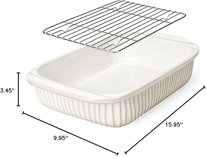Artena Baking Dish 5.1 Quarts, Casserole Dishes For Oven, Baking Pan With Handles, Lasagna Pan Deep, Large Casserole Dish, Rectangular White Ceramic Bakeware (Baking Dish With Rack)