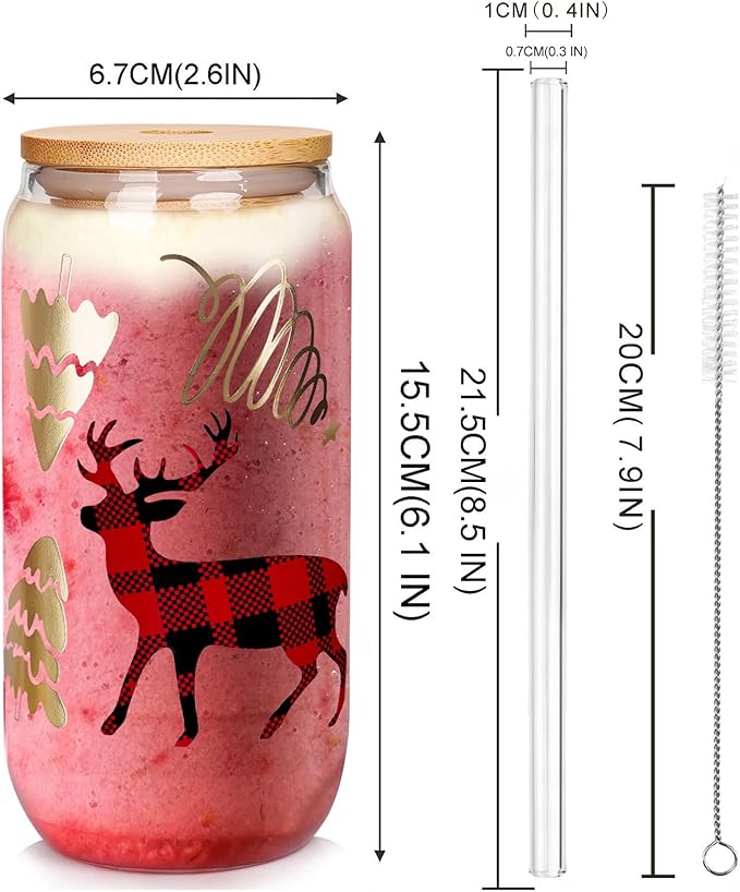 ANOTION Christmas Cups, 18oz Christmas Coffee Mugs Glass Cups with Lid and Straw Colorful Xmas Tree Tumbler Drinking Glasses Glassware Drinkware Cookie Jar Home Decoration Gifts for Women Kids Men