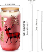 ANOTION Christmas Cups, 18oz Christmas Coffee Mugs Glass Cups with Lid and Straw Colorful Xmas Tree Tumbler Drinking Glasses Glassware Drinkware Cookie Jar Home Decoration Gifts for Women Kids Men
