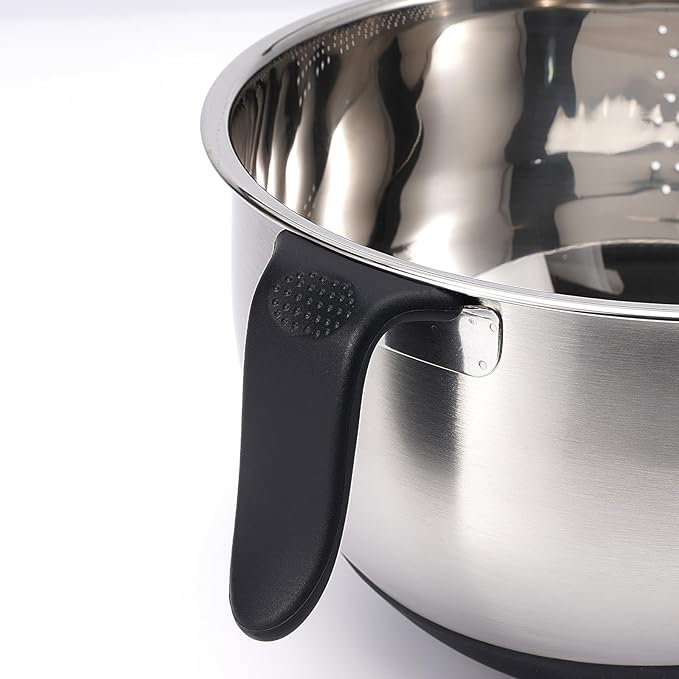 Rice Strainer Bowl Quinoa Washer whit Handle Stainless Steel Colander Versatile Side Drainers for Washing Cleaning Rinsing Fruits, Vegetables, and Beans - Tilting Non-slip Silicone Bottom