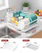Sakugi Stainless Steel Dish Drying Rack for Kitchen Counter, Sink Organization and Storage Essentials with Silverware & Utensil Holder, Home and Apartment Decor, 12''W x 15.5''L, White