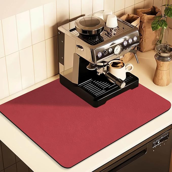 Coffee Mat for Countertops ,Coffee Bar Accessories Fit Under Coffee Maker Espresso Machine, Absorbent Hide Stain Rubber Mat for Countertop ,Dish Drying Mat for Kitchen Counter (Red, 12"x19")