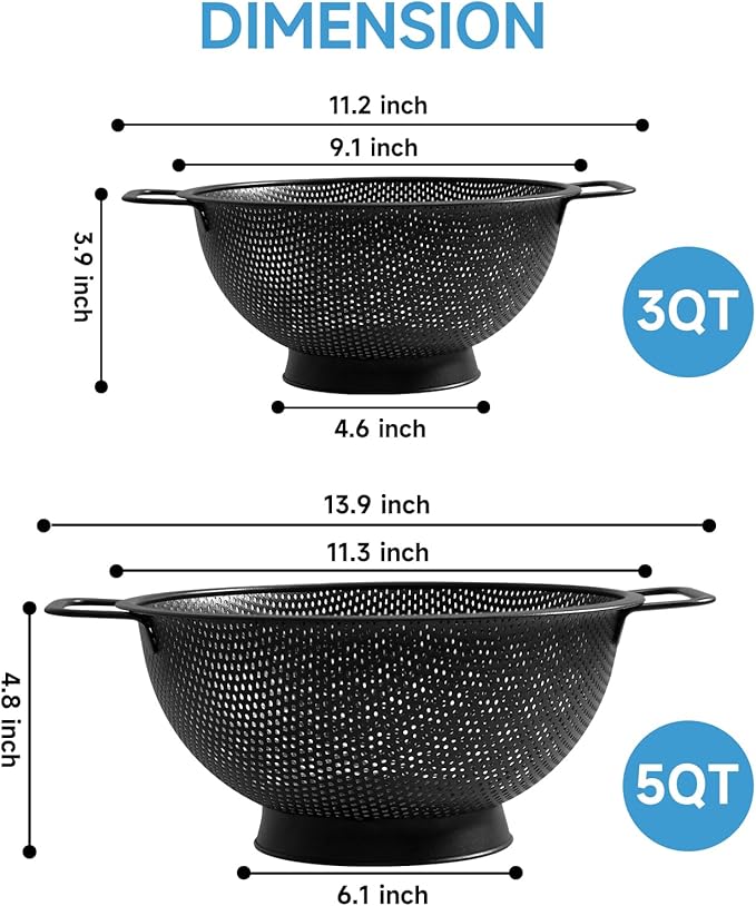 Black Colander for Kitchen, 5QT, Stainless Steel Pasta Strainer with Handle, Pasta Strainer for Fruits Vegetables Cooking Food, Dishwasher Safe
