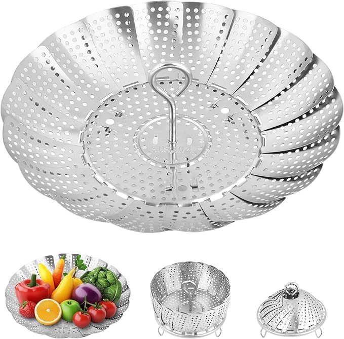 Steamer Basket for Cooking – Premium 304 Stainless Steel Steamer Basket, 3rd Gen Folding Expandable Steamers, Suitable for Cookware Pot, Fit for Fish Vegetables Pasta Eggs (Small (5.5“ to 9.05”))