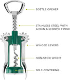 True Soar Winged Corkscrew Wine Opener Manual, Heavy Duty Stainless Steel Cork Openers in Chrome Finish Home Bar Accessories Bar Tools, Set of 1 Green
