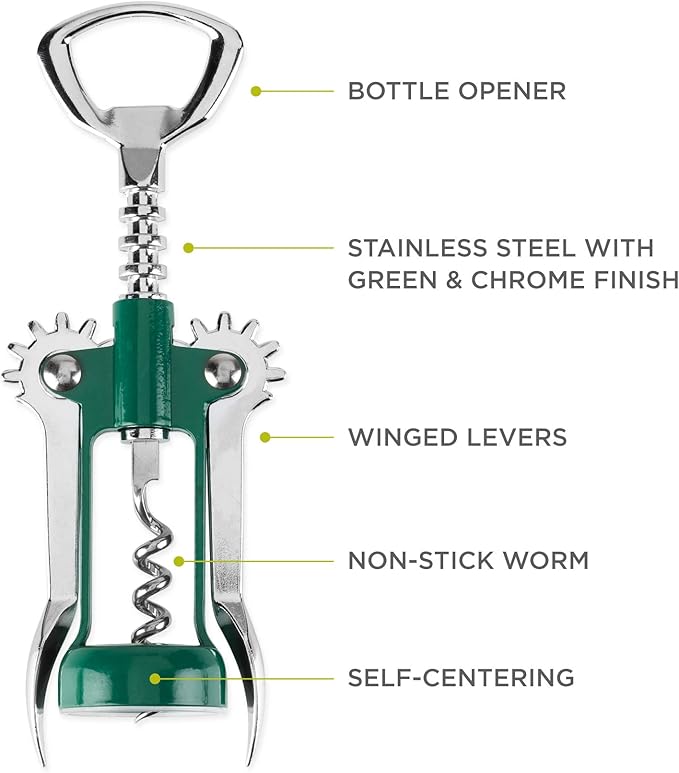 True Soar Winged Corkscrew Wine Opener Manual, Heavy Duty Stainless Steel Cork Openers in Chrome Finish Home Bar Accessories Bar Tools, Set of 1 Green