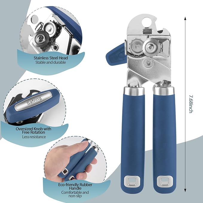 Safring Can Opener Manual, Heavy Duty Handheld Strong Can Opener with Soft Touch Handle, Sharp Blade Smooth Edge, Can Openers with Multifunctional Bottle Opener, Blue