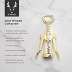 Viski Winged Corkscrew Wine Bottle Opener, Gold Plated Finish, Non-stick Coated Worm, 9.25"