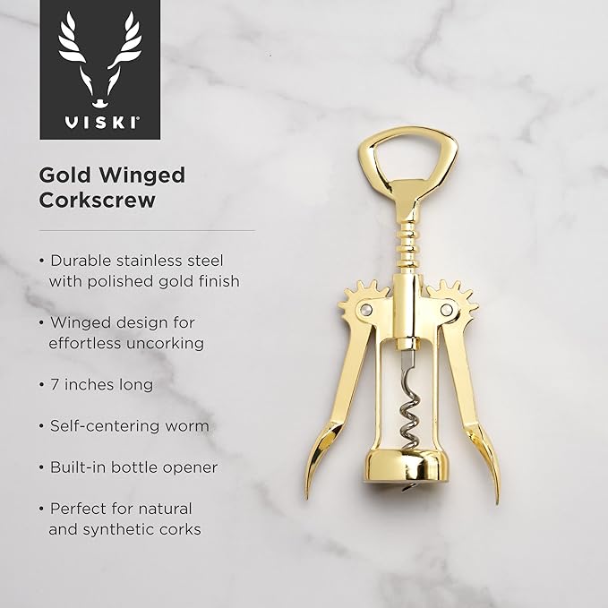 Viski Winged Corkscrew Wine Bottle Opener, Gold Plated Finish, Non-stick Coated Worm, 9.25"