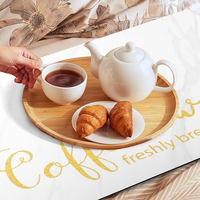 Findosom Dish Drying Mat, 17"x 32" Super Absorbent & Hide Stain Coffee Mat, Cuttable Drying Mat for Kitchen Counter, Coffee Bar Accessories, Under Dish Rack, Coffee Maker, Espresso Machine, White