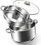 6 QT Stainless Steel Cookware Set, 3-Piece Multipurpose Stock Pot with Steamer Pot and Tempered Glass Lid, Stainless Steel Handle, Work with Gas Electric Induction Stove