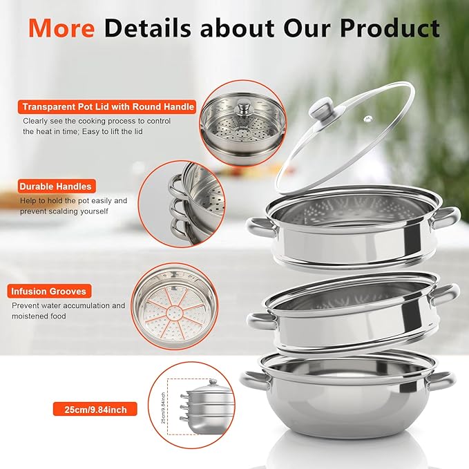 Steamer for Cooking, 3-Tier Stainless Steel Steamer Pot, 12.8 Inch Multipurpose Stackable Cooking Steam Pot Kitchen Cookware with Glass Lid for Induction, Gas, Electric Stoves