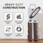 Zulay Kitchen Heavy Duty Stainless Steel Can Opener Manual with Bottle Opener - Rust Proof Manual Can Opener With Turn Knob & Comfy Soft Grip Handles - Brown