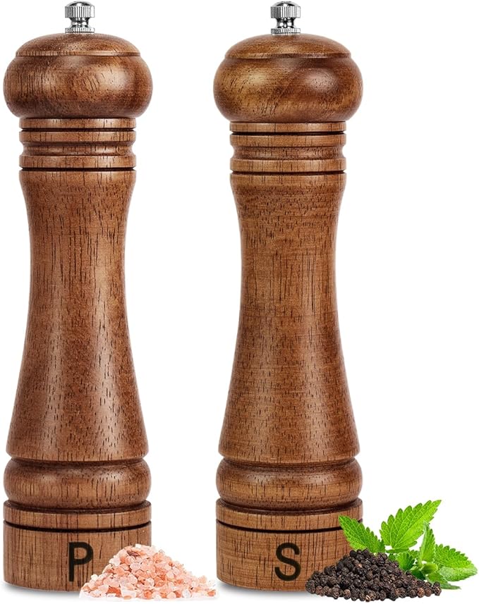 Wooden Salt and Pepper Grinder Set Refillable Salt & Pepper Mills Adjust for Coarseness, Crafted of Solid Oak Wood with Ceramic Stainless Steel Core, 8 Inches - 2 Packs