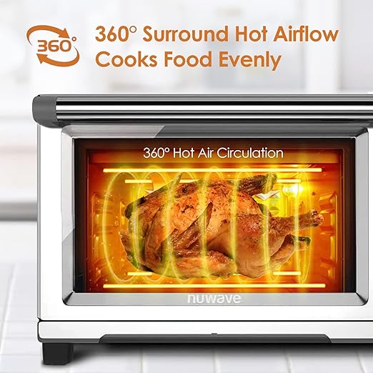 Nuwave Bravo XL Air Fryer Toaster Smart Oven, 12-in-1 Countertop Grill/Griddle Combo, 30-Qt XL Capacity, 50F-500F adjustable in precise 5F increments, Integrated Smart Thermometer, Linear T Technology