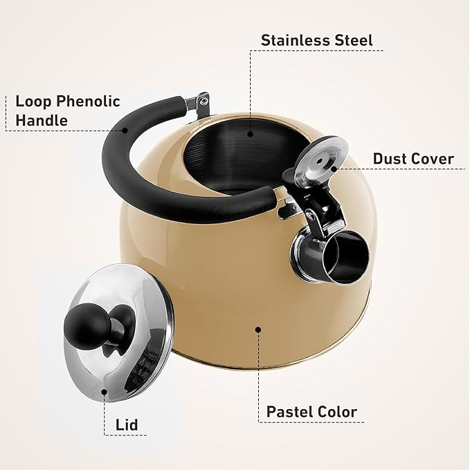 Lily's Home 2 Quart Stainless Steel Whistling Tea Kettle, the Perfect Stovetop Tea and Water Boilers for Your Home, Dorm, Condo or Apartment. (Pastel Cream)