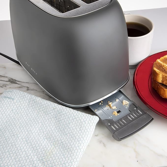 Rae Dunn Retro Rounded Bread Toaster, 2 Slice Stainless Steel Toaster with Removable Crumb Tray, Wide Slot with 6 Browning Levels, Bagel, Defrost and Cancel Options, Grey