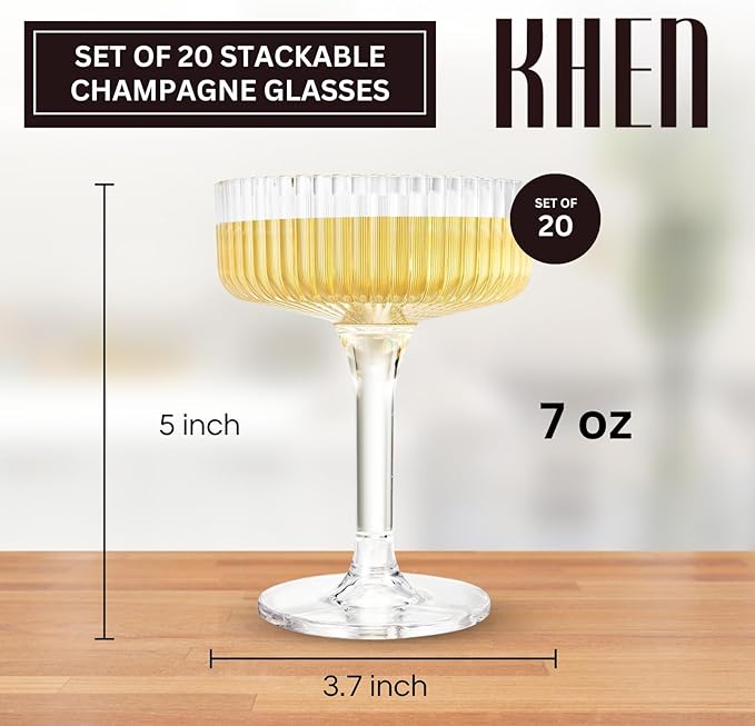 Premium ACRYLIC Champagne Tower Kit | 20 Stackable 7 oz Plastic Coupe Flutes | Reusable & Shatterproof Clear Plastic Glasses for Wedding Receptions, Birthday Parties, and Special Events, Clear Tall