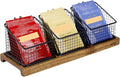 HTB Tea Organizer for Tea Bags, Tea Bag Holder with Acacia Wood Stand and 3 Removable Metal Basket for Sugar Packets, Sweeteners, Creamers for Cabinet, Countertop