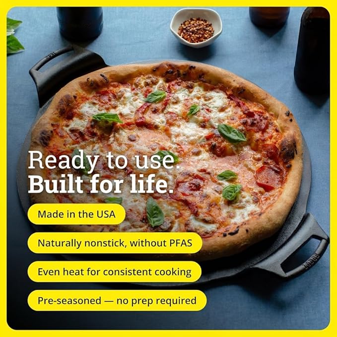 Lodge Seasoned Cast Iron Pizza Pan - Pre-Seasoned, Round Pizza Pan with Dual Assist Handles - Even Heat Distribution- PFAS-Free, Non-Toxic Cookware - Oven Safe - 15 Inch
