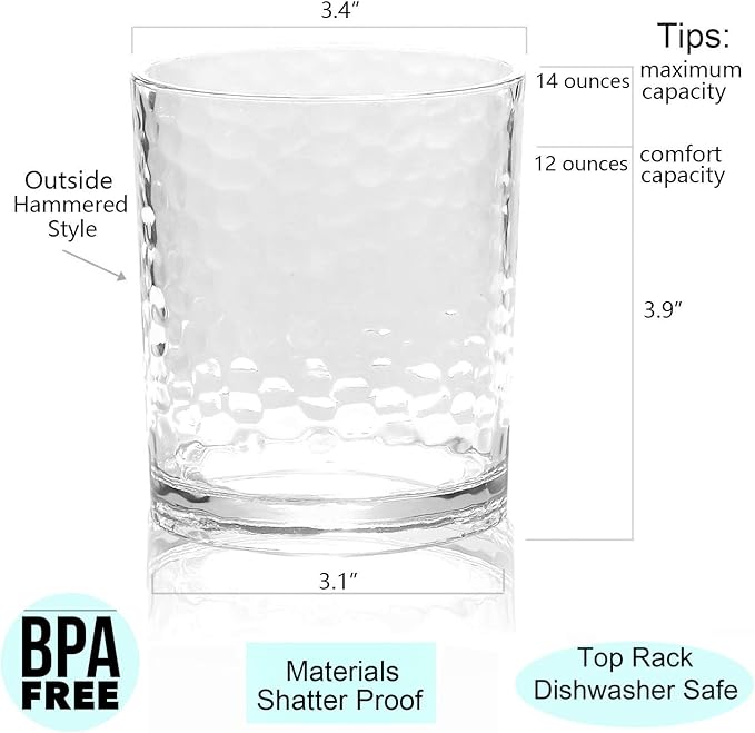 KX-WARE 14-ounce and 20-ounce Acrylic Glasses Plastic Tumbler, set of 8 Clear - Hammered Style, Dishwasher Safe, BPA Free