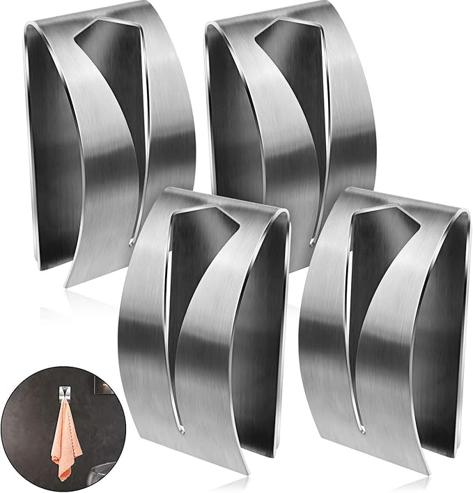 Boao 4 Pcs Self Adhesive Towel Hook Holder Grabber Stainless Steel Kitchen Dish Towel Hook Wall Mount Non Drilling Hangers Rack Hand Tea Holders for Bathroom Accesories Kitchen Gadgets (Silver)