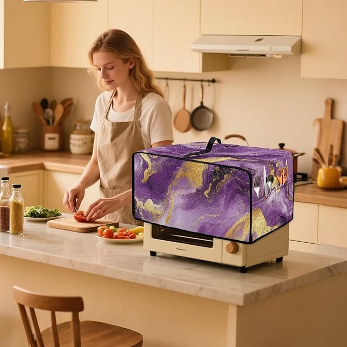 Marble Print Toaster Oven Cover, Dust-proof Heavy Duty Toaster Oven Cover for kitchen, Air Fryer with Accessory Pockets, Gold Violet, (Large-18.5*22.5*12.99 inches)
