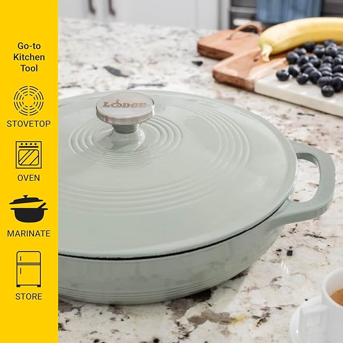 Lodge Essential Enamel Braiser - Refrigerator- & Oven-Safe up to 500° F - Heat-Retaining, Induction-Safe & PFAS-Free Enamel Cookware - 3.5 Quart, Desert Sage