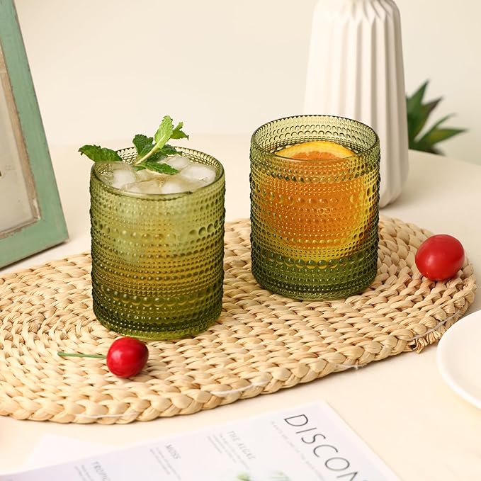 Moretoes Hobnail Drinking Glasses Set of 12,10 Oz Cocktail Glasses Vintage Glassware, Textured Glass Cups Bubble Glasses Water Glasses Old Fashion Jupiter Glasses Set (Green)