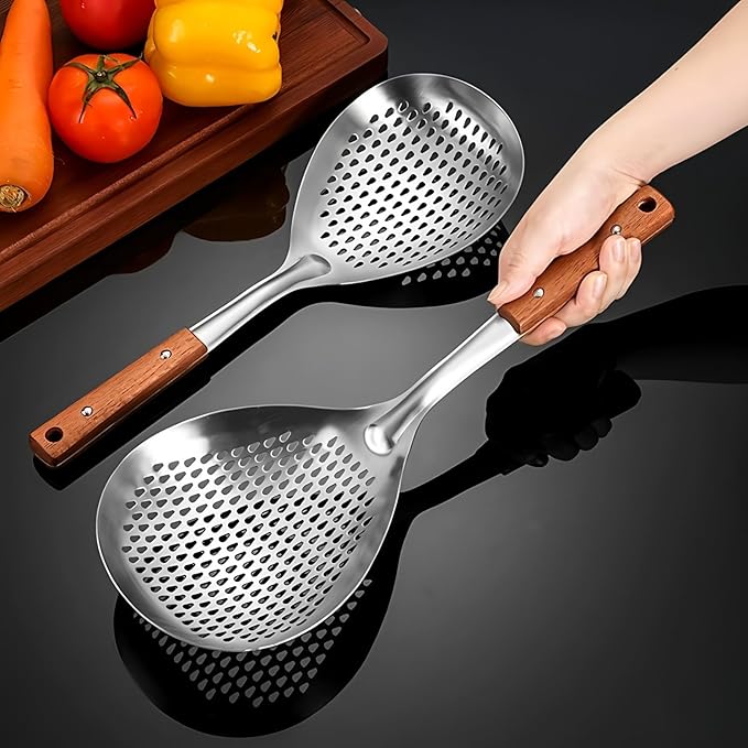 Spider Strainer Colander with Wood Handle, Solid Stainless Steel Kitchen Utensil for Cooking Frying Pasta Drainer
