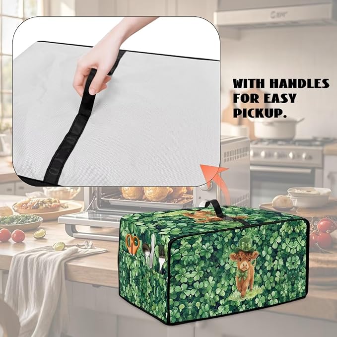 Highland Cow Four Leaf Clover Print Toaster Oven Cover Microwave Cover for Kitchen Countertop Appliance Dust Protector Decorative Oven Accessories for St. Patrick's Day Decor, Green, L