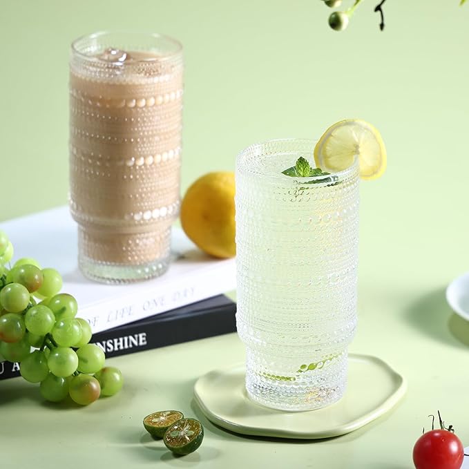 Large Capacity 16 oz Hobnail Drinking Glasses Set of 4, Vintage Glassware Drinking Glasses, Clear Water Glasses Tumbler, Cups for Kitchen, Juice, Beer, Cocktail, Whiskey
