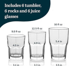 Libbey Boston Tumbler, Rocks, and Juice Glasses, 18 Piece Classic Stackable Glass Cups Set, Versatile, Kitchen Drinking Glasses Set for Everyday Use