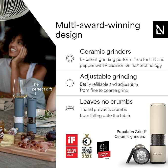 LARS NYSØM Salt and Pepper Grinder Set Manual, Stainless Steel Salt and Pepper Mills with Adjustable Ceramic Grinder I Design Spice Shakers (Brown/Beige)
