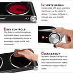 Hot Plate, Techwood 1800W Dual Electric Stove, Countertop Stove Double Burner for Cooking, Infrared Ceramic Hot Plates Double Cooktop, Brushed Stainless Steel Easy to Clean Upgraded Version, Black