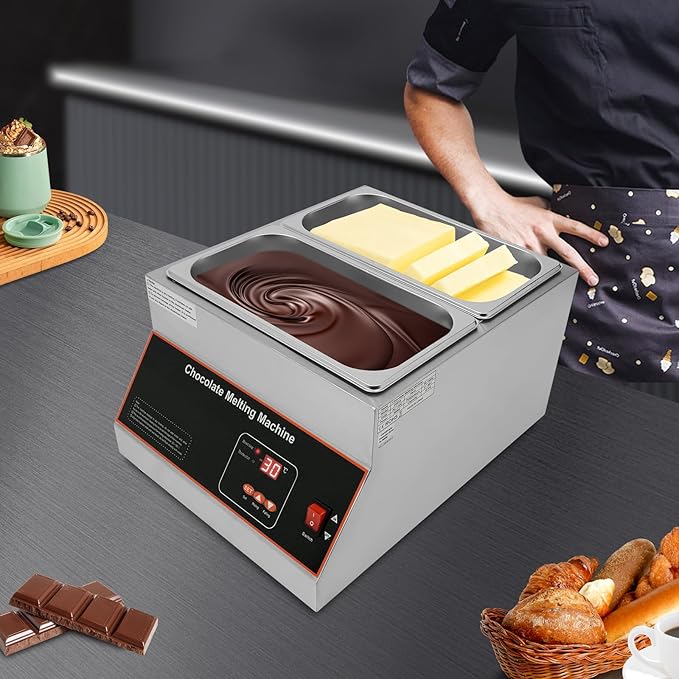 Chocolate Melting Pot, 500W 12kg/26.5lbs Electric Chocolate Tempering Machine, Stainless Steel Commercial Chocolate Melter Food Warmer for Catering Restaurant, 2 Tanks, 32-203°F