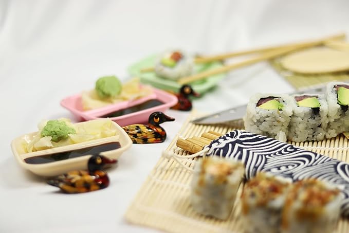 Complete Sushi Making Kit, 21 Pieces, Black Bazooka Roller with Natural Bamboo Mats, Knife, Chopsticks, Dipping Dishes, Rice Tools, DIY Home Sushi Rolling Set