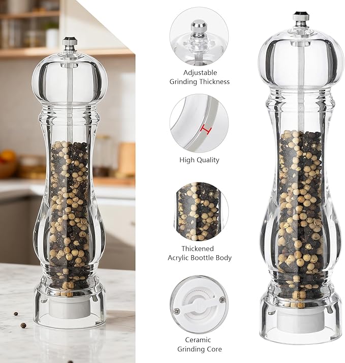 LHS Pepper Mill Grinder Set, 2Pcs Salt Grinder Peppercorn Grinders with Adjustable Coarseness-Clear