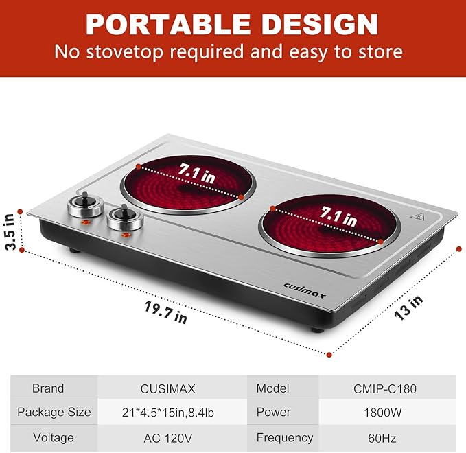 Hot Plate,CUSIMAX Portable Electric Hot Plates for Cooking,1800W Dual Infrared Burner with Adjustable Temperature Control,Electric Ceramic Glass Stove for Stainless Steel,Easy Clean for Home, Dorm, RV